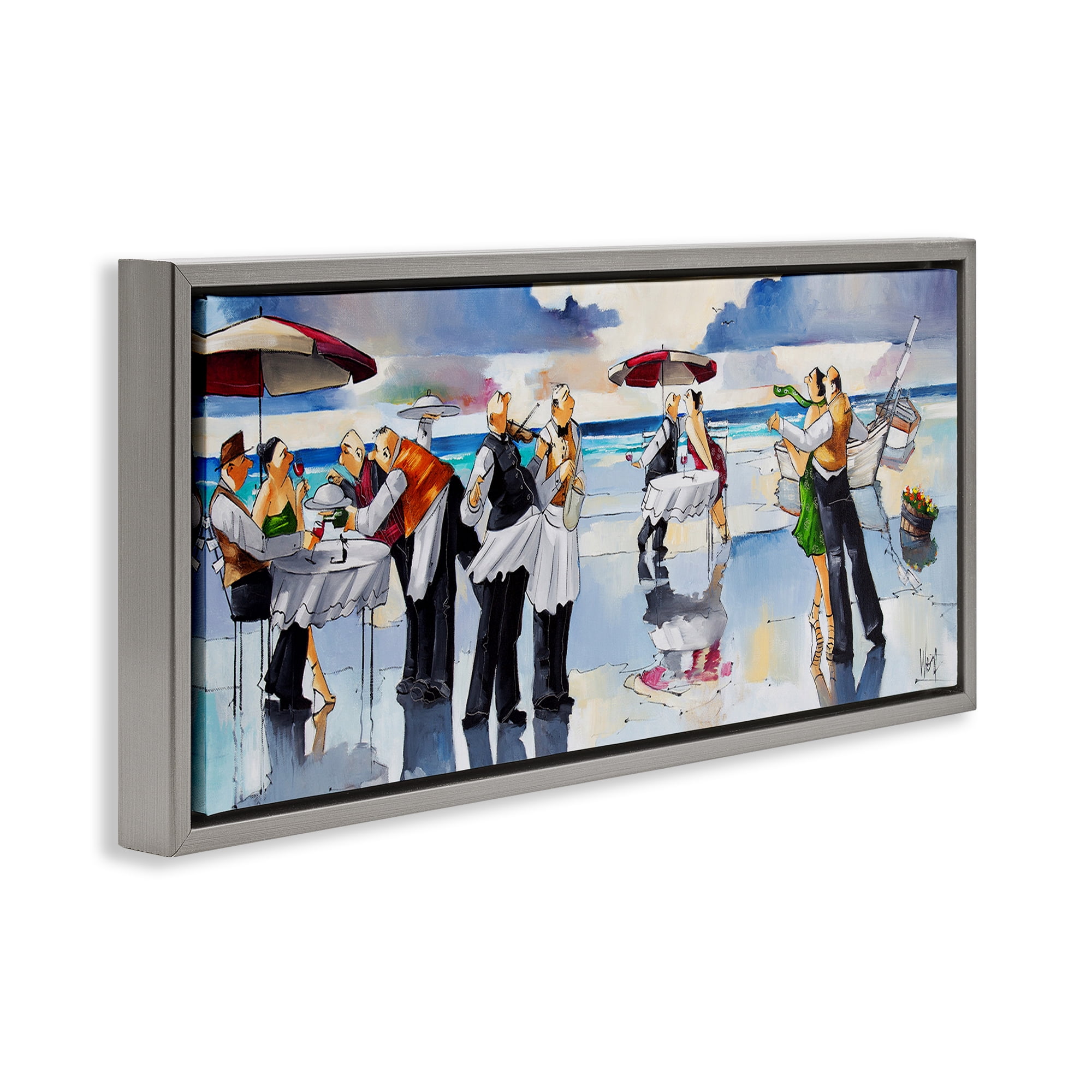 Stupell Industries Fancy Dinner on Beach Novelty Painting Gray Floater Framed Canvas Art Print Wall Art, 25 x 11