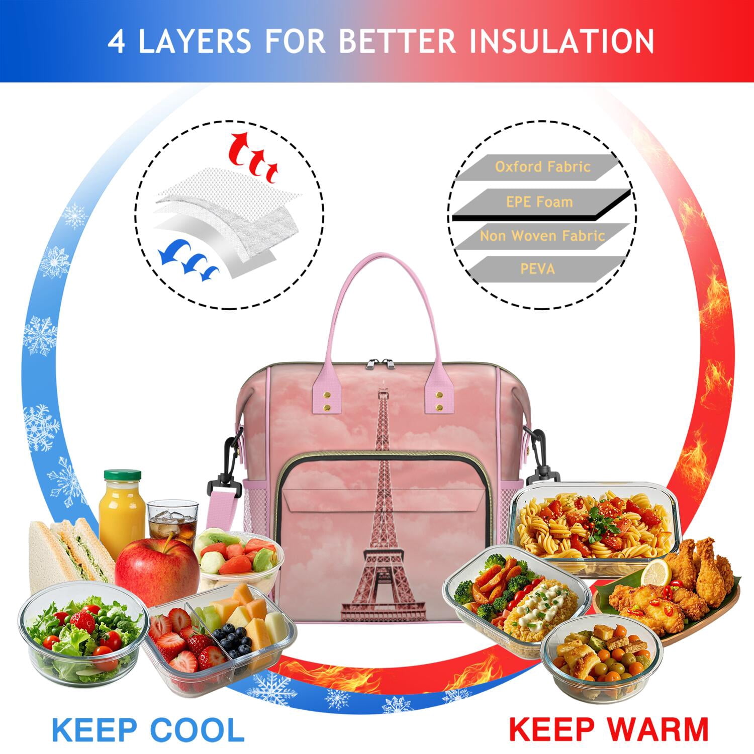 Girly Pink Leakproof Cooler Bag - Vintage Style Insulated Lunch Tote for Beach, Flight & Trip, Fashionable Waterproof Picnic Bag with Multi-Pockets