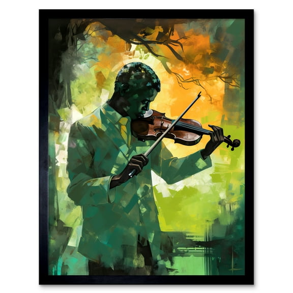 Jazz Violin Player Playing Violin Under a Tree Art Print Framed Poster Wall Decor 12x16 inch