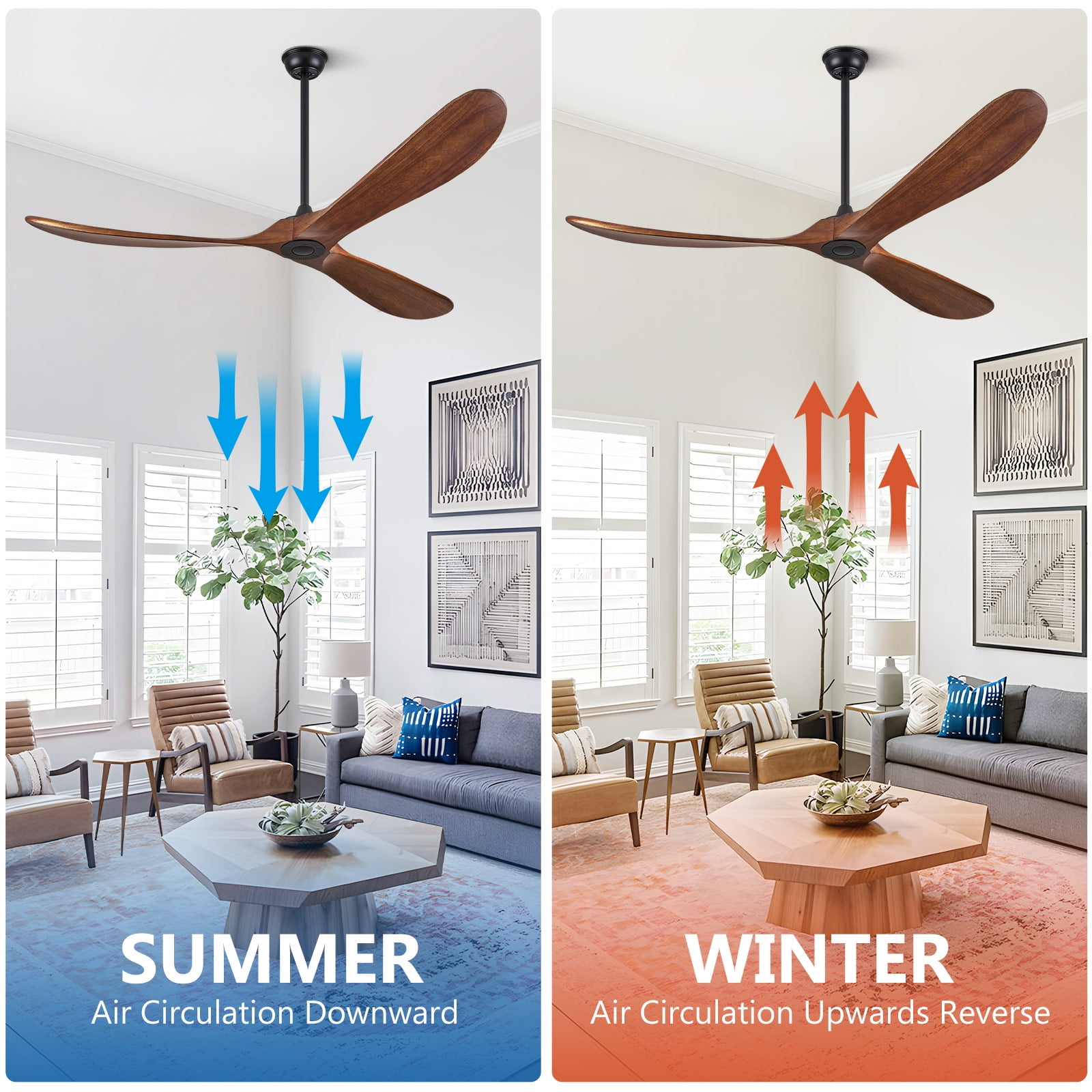 70'' Modern 3-Blade Ceiling Fan (No Light) – Solid Walnut Wood Propeller Ceiling Fans, Quiet DC Motor & Standard Remote Control | Indoor/Outdoor Use for Patio, Coastal & Farmhouse Spaces