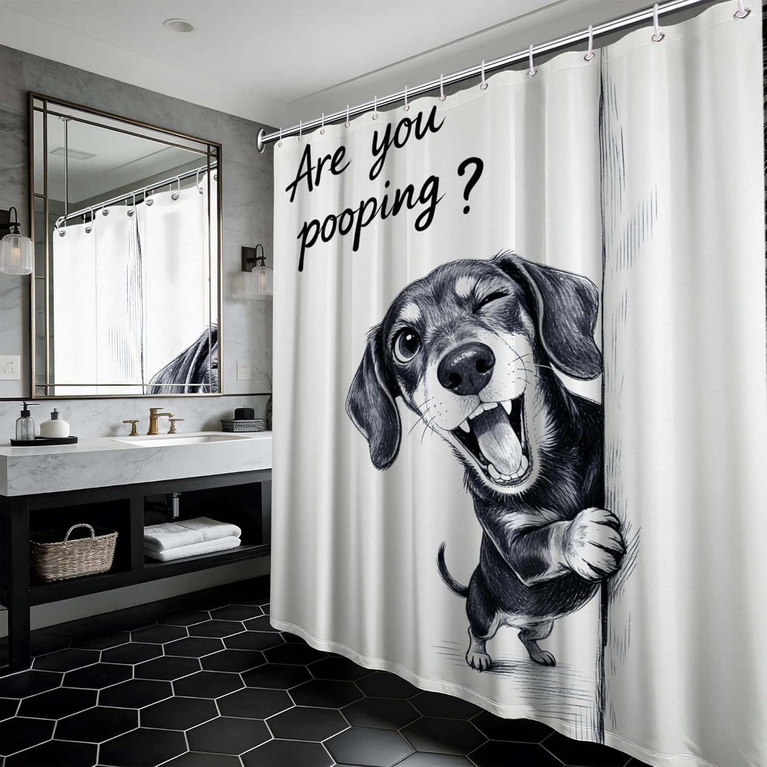 Funny Dachshund Shower Curtain are You Pooping Cute Dog Shower Curtains for Bathroom Decor Sets, Waterproof Cloth Fabric with Hooks, 36 x 72 Inch