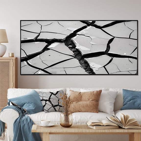 Designart "Soothing Cracks in Black and White" Extra Large Abstract Framed Wall Art - Transitional Grey Abstract Collages Entryway Framed Wall Art Print