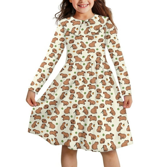 DISNIMO Capybara Dress Girls Long Sleeve Collared Dress for Girls Fall Midi Dresses for Kids 3-4 Girls Dress Soft Twirl Dress Girls Kids Dress Fall Kids Long Sleeve Skater Dress Girls Casual