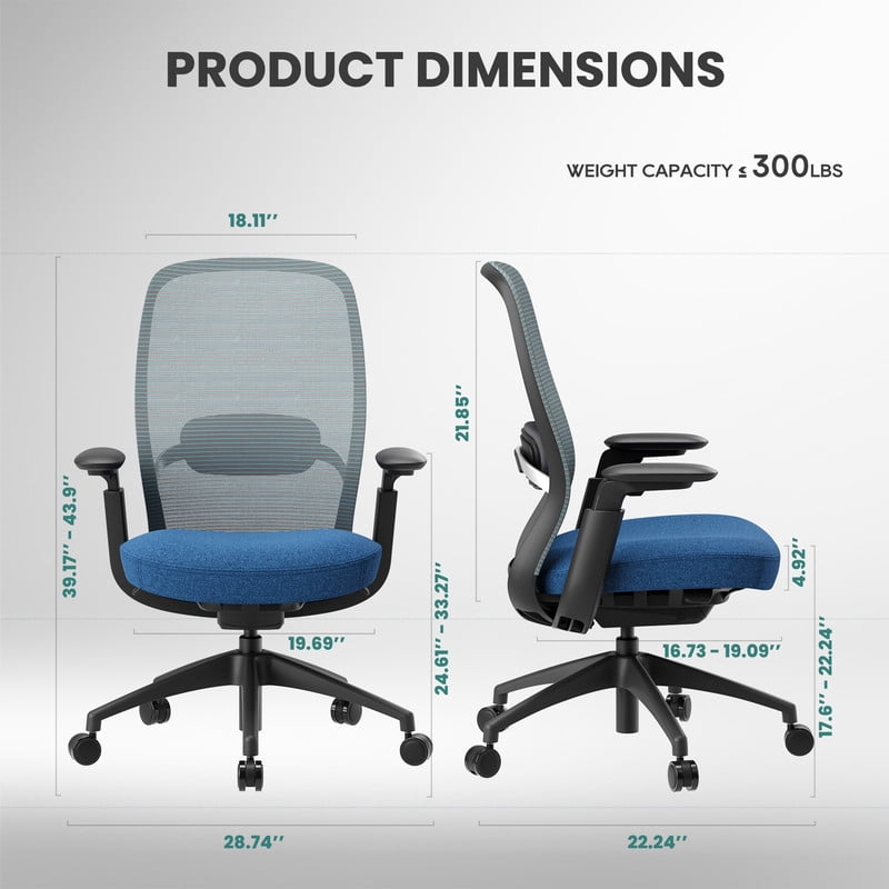 COLAMY Aether Ergonomic Mesh Office Chair, One-Touch Easy Adjust Managerial Desk Chair with Levitating Seat Cushion & Pilot-Level Sync Armrests, 300 LBS Mid Back Mesh Computer Chair, Blue
