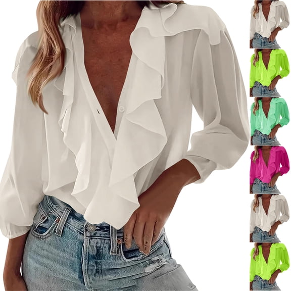 Plus Size Fashion Womens Blouses Casual Solid Long Sleeve Ruffle V-Neck Tops Flowy Shirts White XL