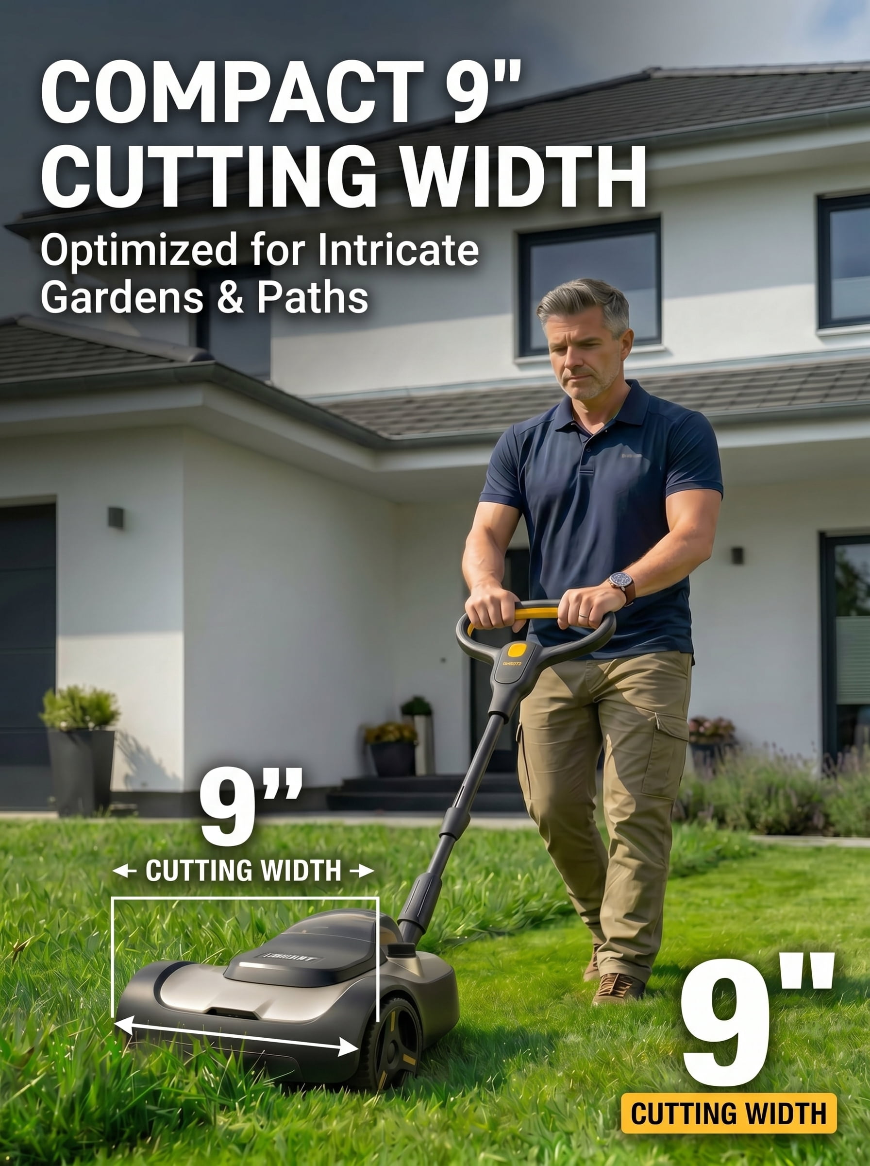 9-Inch Cordless Lawn Mower with 4.0Ah Battery & Charger, Brushless Electric Mower for Small Yards, 6000RPM High Speed, 3 Cutting Heights, Lightweight & Compact