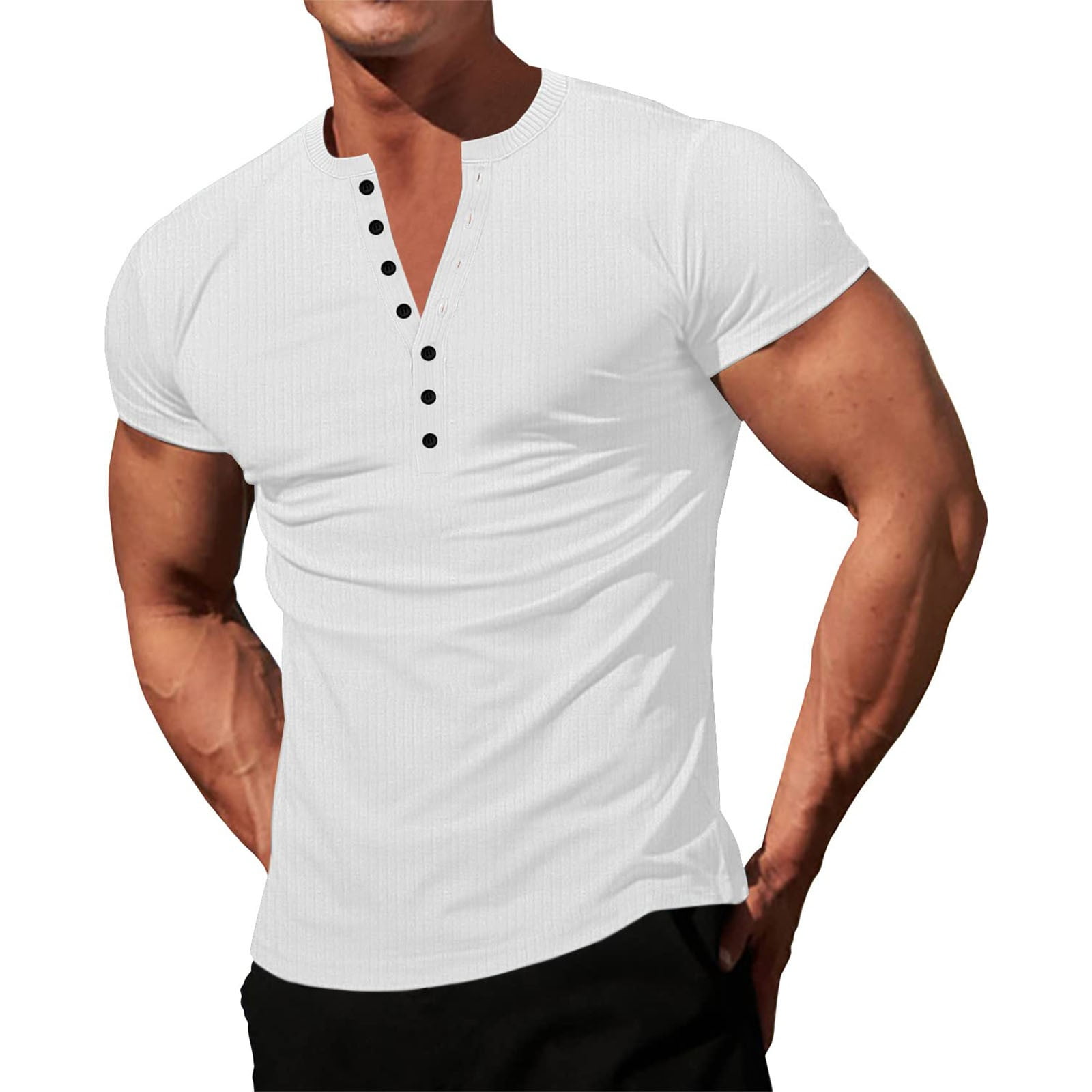 【COSYHARU】Henley Neck Muscle Fit Short Sleeve Knit Mens T-Shirts Knit Stretch Henley Workout Slim Fit Short