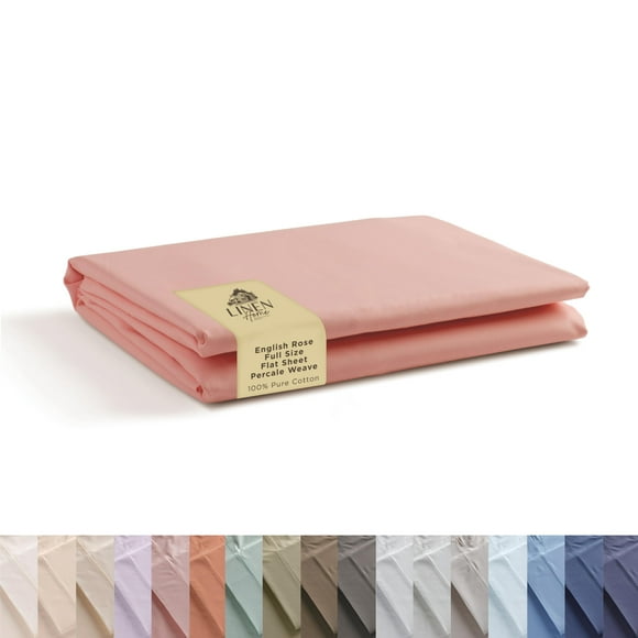 Linen Home Drap Plat en Percale 100 % Coton Taille Complète - Linge de Lit Frais et Résistant, Drap de Luxe Respirant, Rose Anglais