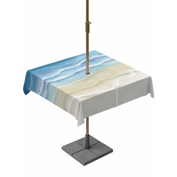 Outdoor Tablecloth with Umbrella Hole and Zipper, Haze Blue Summer Beach Square Table Cloth 60x60 Inch Waterproof Tablecloth, Nautical Coastal Beige Seaside Picnic Table Cover for Patio Camping