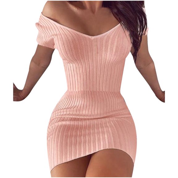 IROINNID Wedding Guest Dresses for Women Semi Formal Evening Night Casual Homecoming Dress V-neck Solid Color Slim Short Sleeve Dress Elegant Sheath Dress,Pink