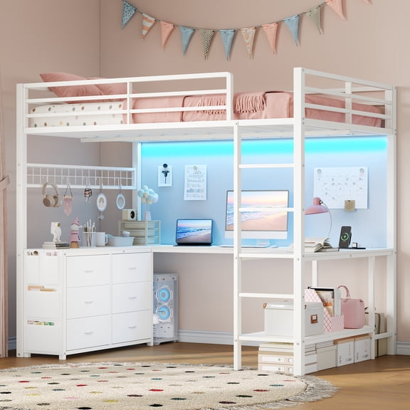 Twin Size Loft Bed with Desk, Loft Bed Full Size with U-Shaped Desk, 6 Storage Drawers & 2 Shelves, Loft Bed Frame with Safety Guardrail & Ladders