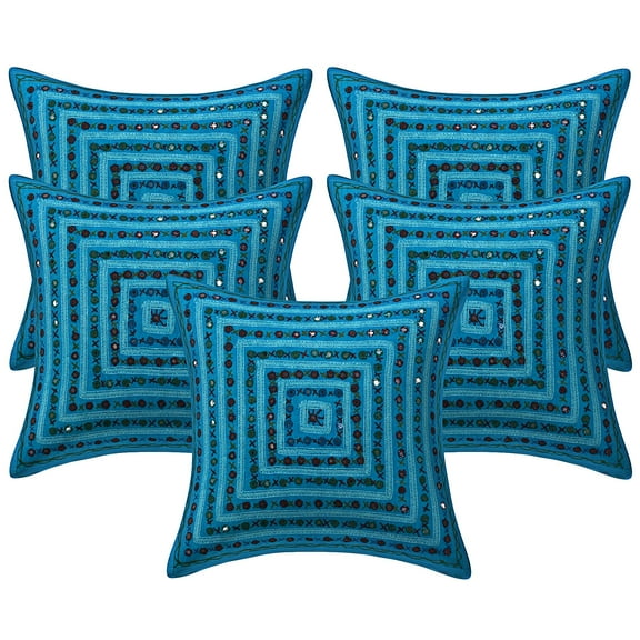 Stylo Culture Indian Settee Sofa Throw Pillow Covers 16 x 16 Embroidered Mirror Lace Turquoise Bohemian 40x40 cm Lounge Decor Cotton Geometric Square Cushion Covers | Set Of 5