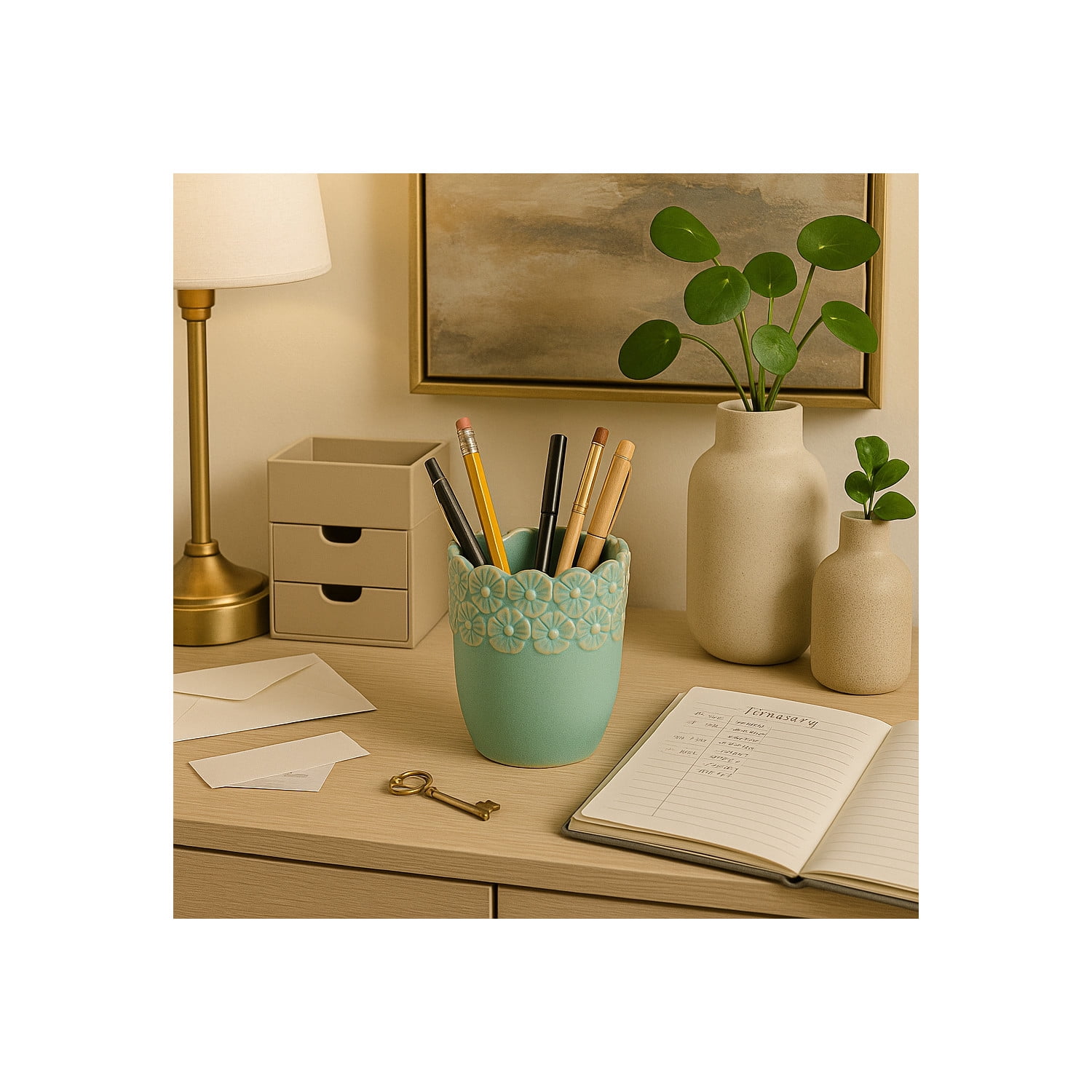 Flower and Scallop Border Ceramic Desk Organizer - Cute Desktop and Office Storage Organizer for Workspace Decor - Functional Small Desk Holder for Office Accessory and Home Decor - 4", Green
