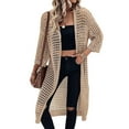 thumbnail image 2 of Women'S Hollow Out 3/4 Sleeve Open Front Knit Cardigan Long Sweater Tops Apricot XL, 2 of 9