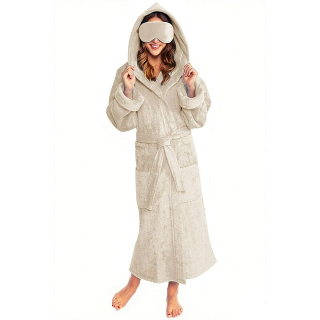 Women's Plush Fleece Hooded Bathrobe, Long Length Spa Robe with Pockets and Matching Sleep Mask, Soft Warm Loungewear, Cozy Adjustable Belt Robe Set Beige XL