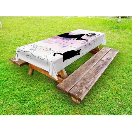 Kitten Outdoor Tablecloth, Girl with Sunglasses Lying on Couch Cat in Home Theme with Stains Animals, Decorative Washable Fabric Picnic Tablecloth, 58 X 120 Inches, Black Lilac Lavender, by
