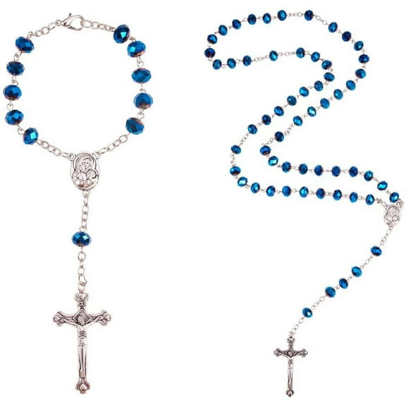 Rosary Necklace and Bracelets Blue Glass Beads Virgin Christian Catholic Holy Crucifix Bless Prayer Bracelets Necklace DIY Making