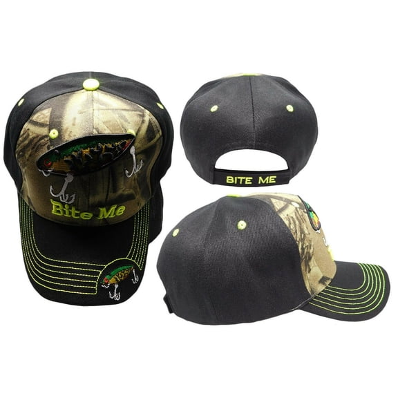 Bite Me Fishing Lure Fish Bass Camouflage Front Black Back Embroidered Cap Hat