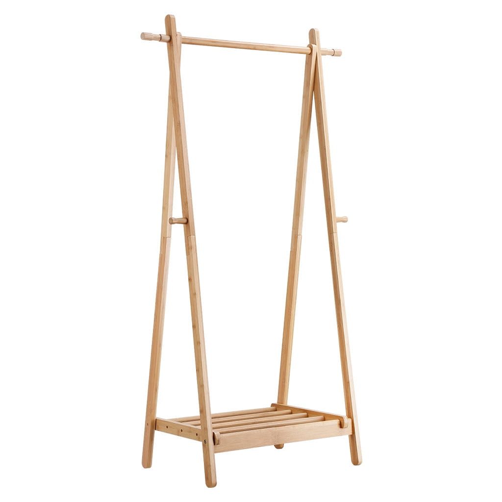 LANGRIA Foldable Bamboo Clothes Laundry Rack with 4 Side Hooks Lower ...