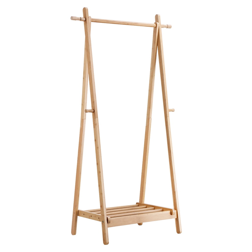 LANGRIA Foldable Bamboo Clothes Laundry Rack with 4 Side Hooks Lower Shoe Shelf for Extra