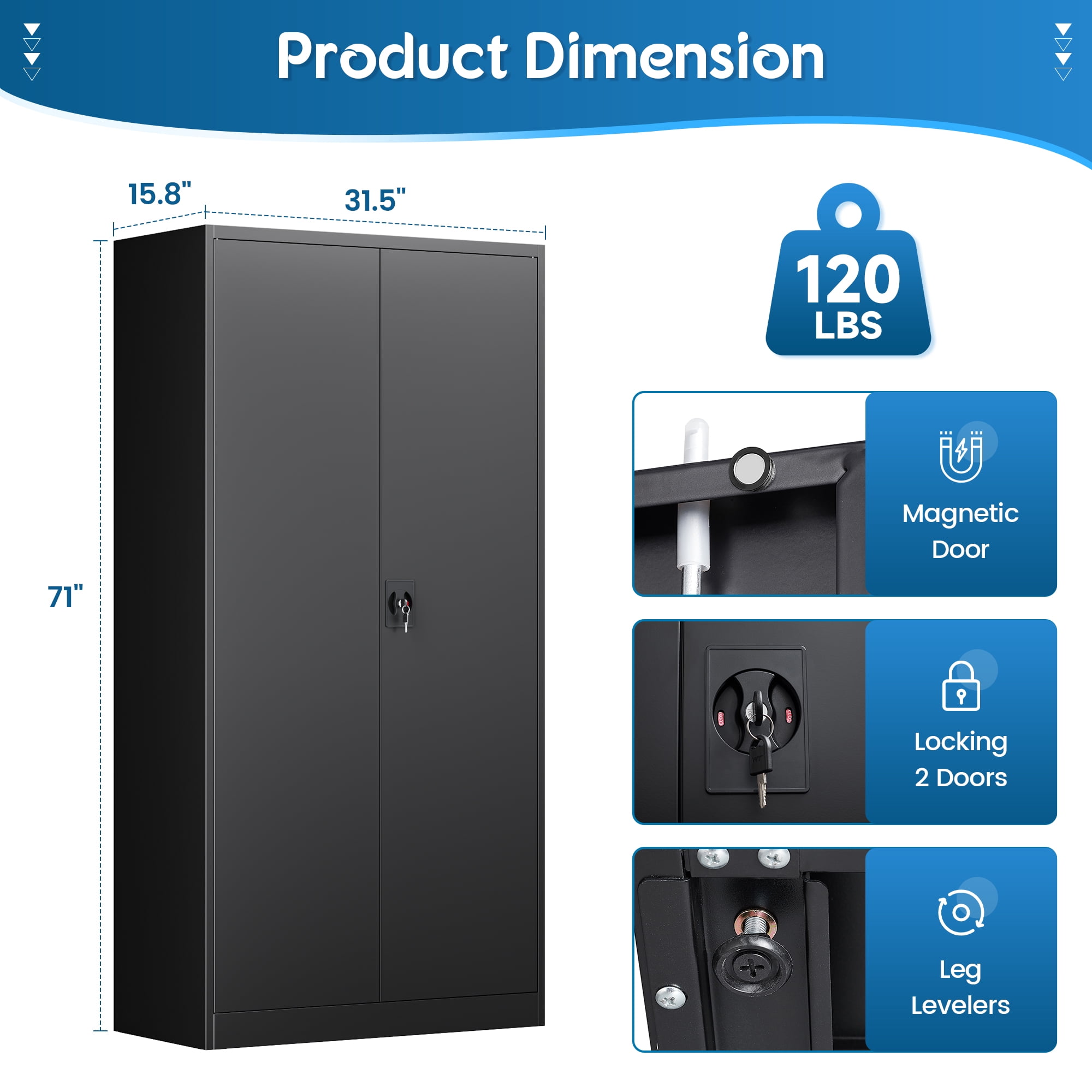 Fesbos Metal Storage Cabinet with Locking Doors, Black Garage Lockable Steel Cabinets with 2 Doors and 4 Shelves for Home, Garage, Pantry Workshop Warehouse