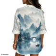 thumbnail image 2 of FKELYI Faux Linen Shirts Women's Roll Up Sleeve Blouse Oriental Moutain Blue Print Soft Beach Vacation Outfits Loose Fit V-Neck Summer Top Shirts for Ladies, XL, 2 of 5
