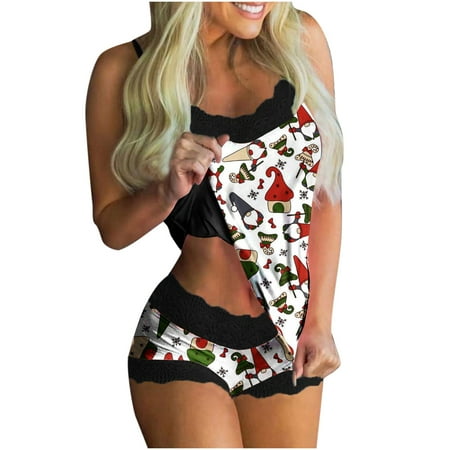 

EUHDSSDE Women Christmas Print Pajamas Sleeveless Lace Cami Shorts Lingerie Sleepwear Set