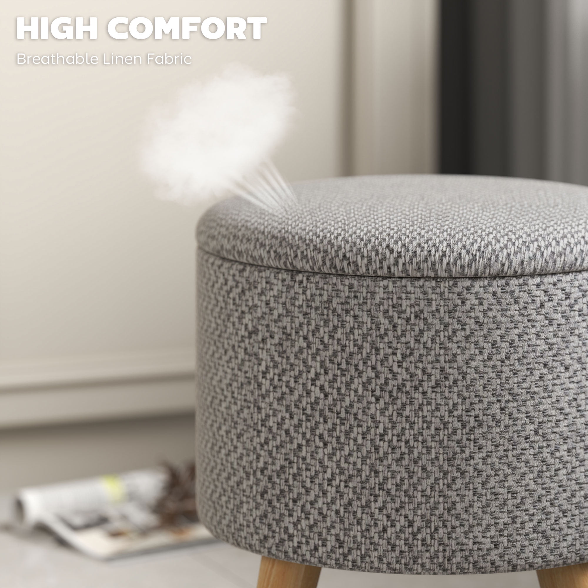 HOMCOM Storage Ottoman, Round Footstool with Linen Feel Fabric Upholstery, Removable Top, Hidden Space and Wood Legs for Living Room, Light Gray