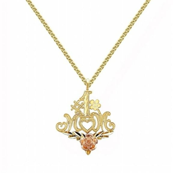 Precious Stars Jewelry  14k Yellow and Rose Gold #1 Mom Rose Design Mother's Day Pendant with 1.5-mm Flat Wheat Chain