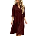 thumbnail image 2 of QUNYINEY Women Casual Dresses 3/4 Sleeve Red A Line Midi Shirt Dress Collared Button Flowy Loose Fit Dresses, 2 of 6