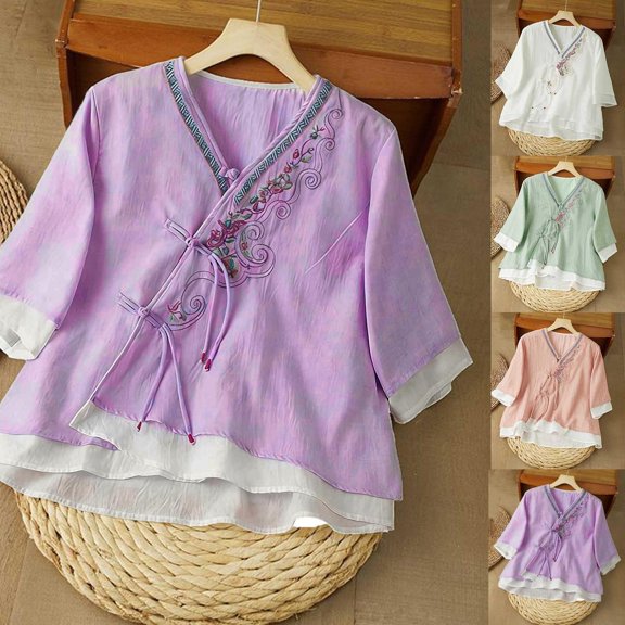 Fengqque Embroidered Tops for Women 3/4 Sleeve Blouse V Neck Button Down Shirts Dressy Casual White XL(XL)