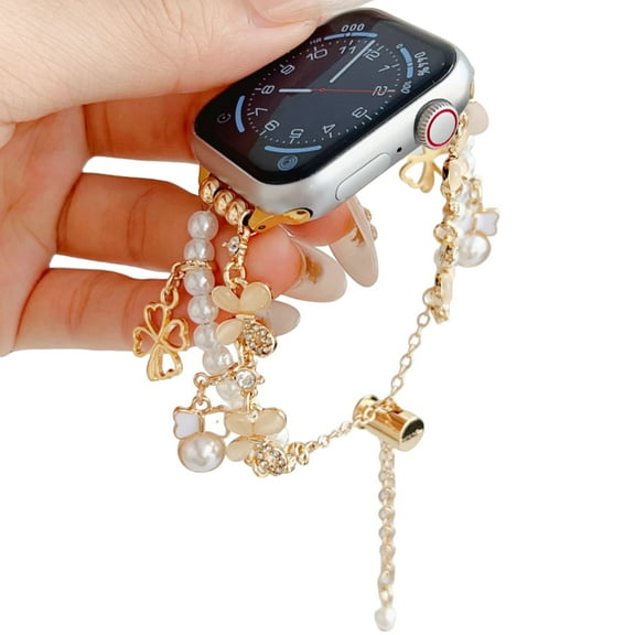Crystal Butterfly Pearl Watch Band for Apple Watch 49 46 45 44 42 41 40 38 mm, Dual Chain Metal Strap Rhinestone Charms with Adjustable Clasp Compatible with iWatch Series 10 9 8 7 6 5 4 3 2 SE Ultra