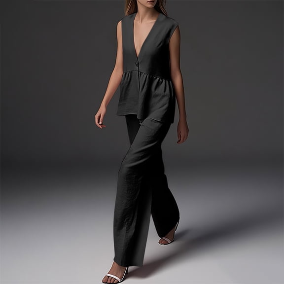 Nuoqisi Womens Two Piece Set Sleeveless V Neck Peplum Vest Wide Leg Pant Suits Dressy Casual Summer Vacation Outfits