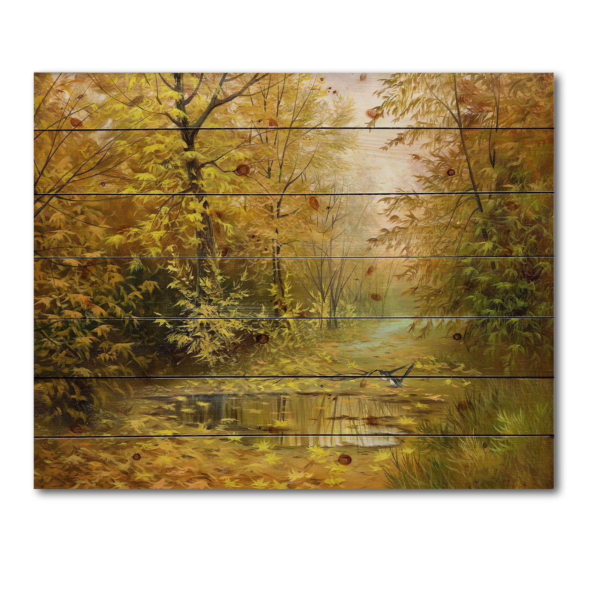 Designart 'Rain Water On Road In Yellow Woodlands' Country Print on Natural Pine Wood