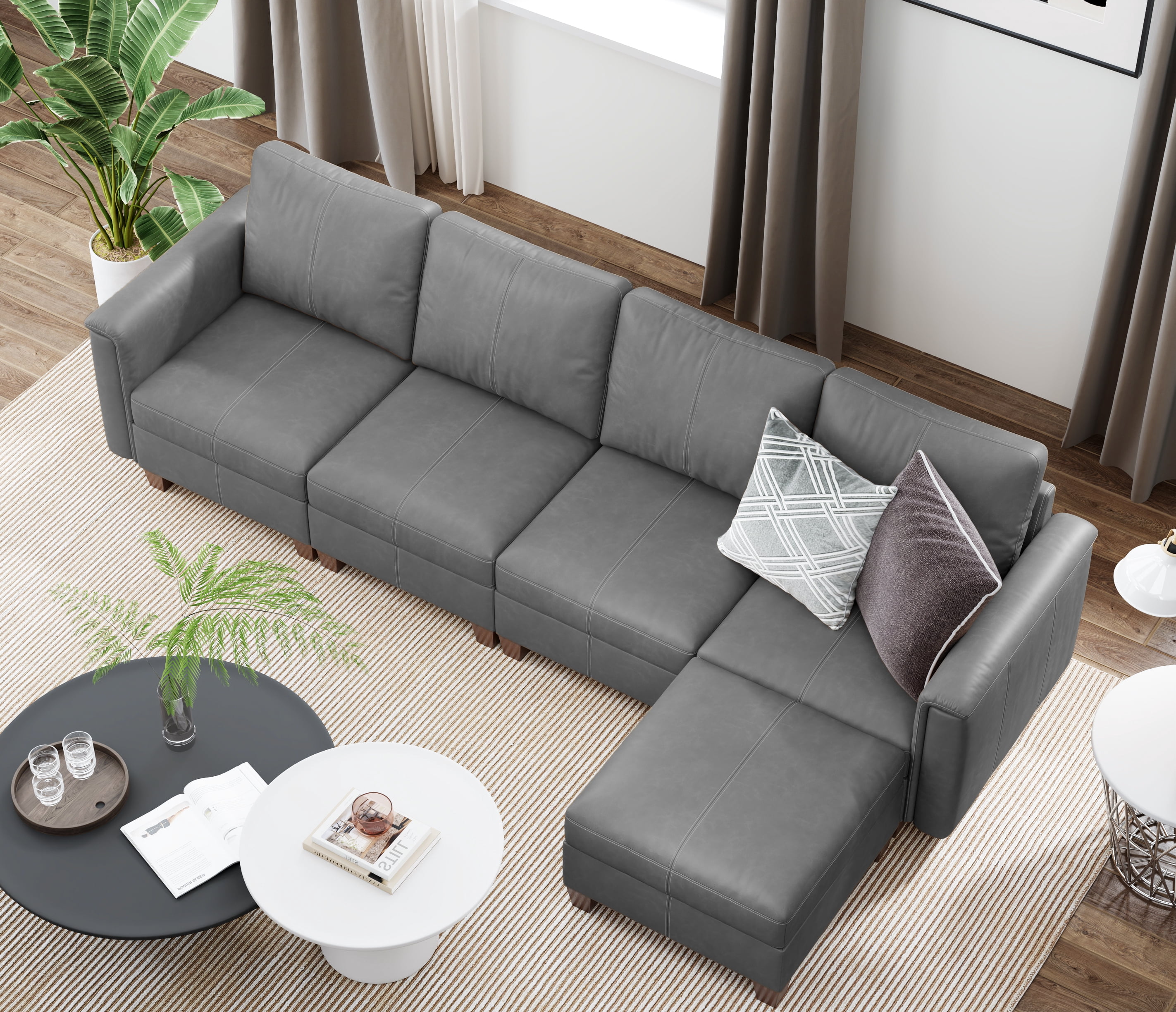SITJOY 118" Faux Leather Modular Sectional Couches with Storage, Convertible 5 Seat L-Shaped Sectional Sofa with Ottoman for Living Room, Gray