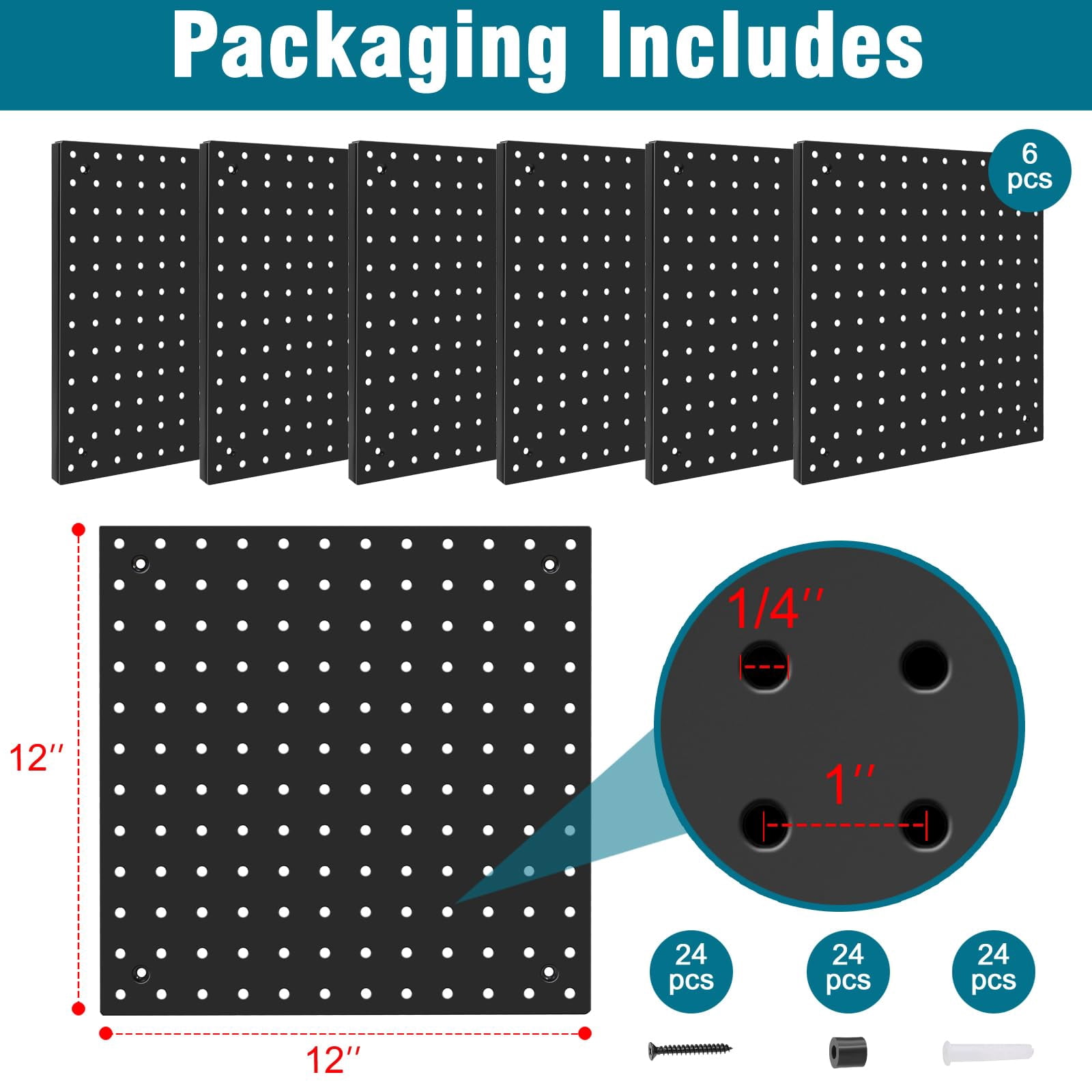 6-Pack Steel Pegboard with 106 Hooks Bins & Locks - Complete Wall Organization Kit 12x12 Inch