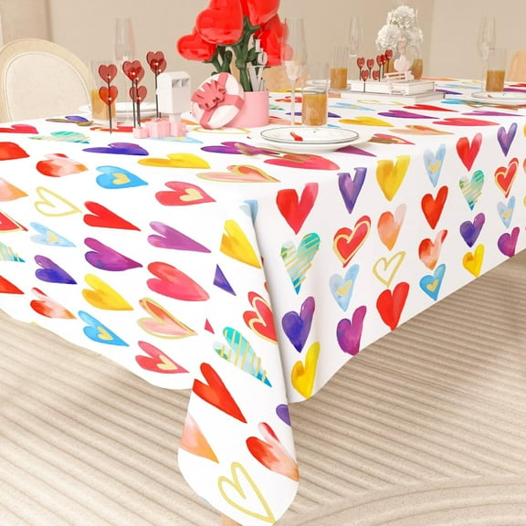 AnyDesign Valentine''s Day Rectangle Tablecloth Colorful Hearts Fabric Table Cloth Watercolor Washable Table Cover for Wedding Anniversary, 60 x 102 Inch