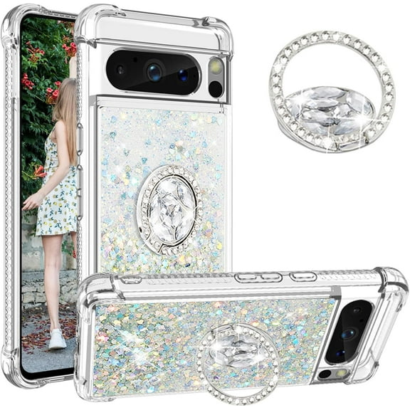 for Google Pixel 8 Pro Luxury Glitter Case for Women Girls, Sparkle Flowing Clear Quicksand Soft TPU Liquid Case Cover with Bling Diamond Ring for Pixel 8 Pro -Silver