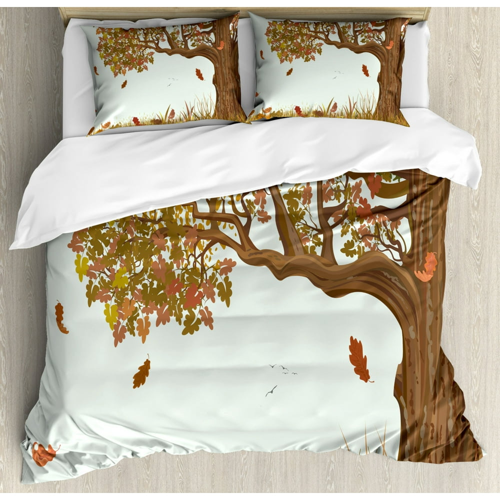 Tree of Life Duvet Cover Set, Autumn Season Fall Shady Deciduous Oak