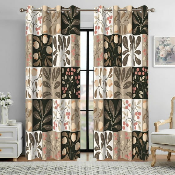 2 Panels Farmhouse Floral Blackout Curtain for Bedroom,Brown Grommet Curtain for Living Room, 52x96 Inch