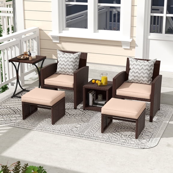 OC Orange-Casual 6 Piece Patio Wicker Furniture Set, Rattan Outdoor Chairs, with Beige Cushioned Ottoman, Resin Nesting Table, Modern Design, Beige & Brown