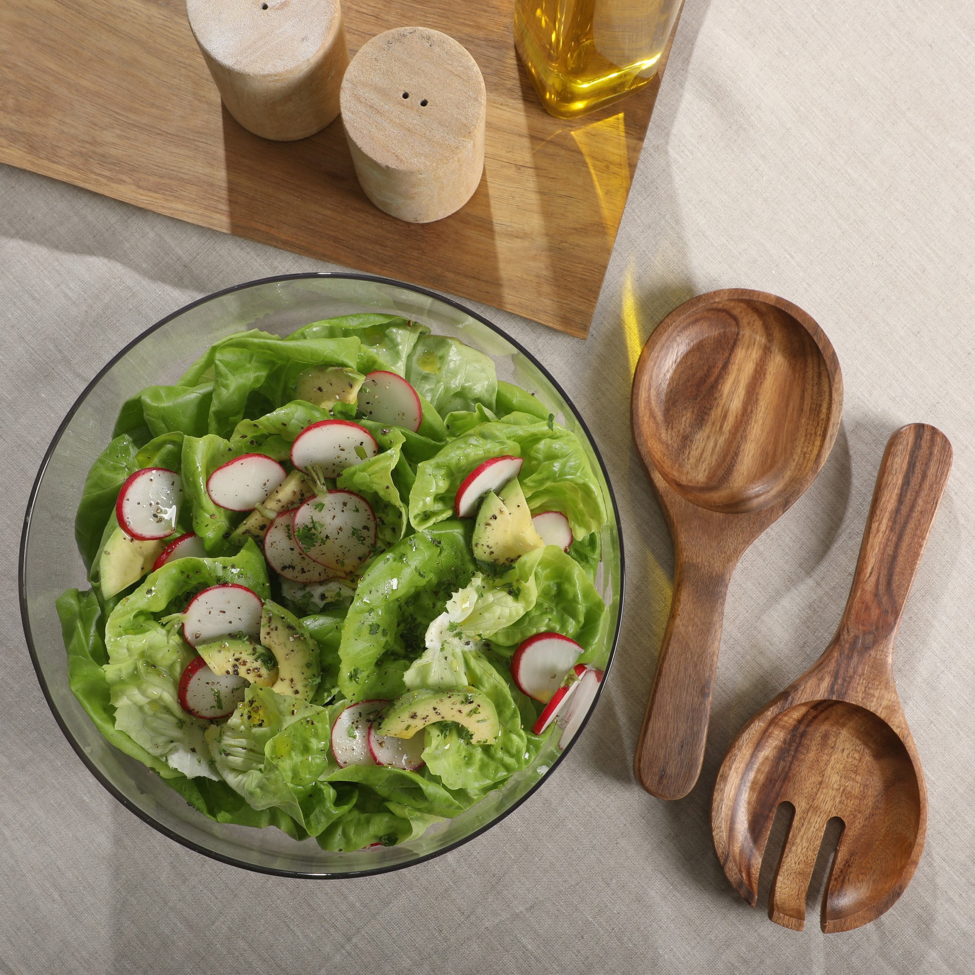 Gibson Elite Wildgreens Large Glass Salad Bowl Set with Acacia Wood Base and Acacia Serving Utensils