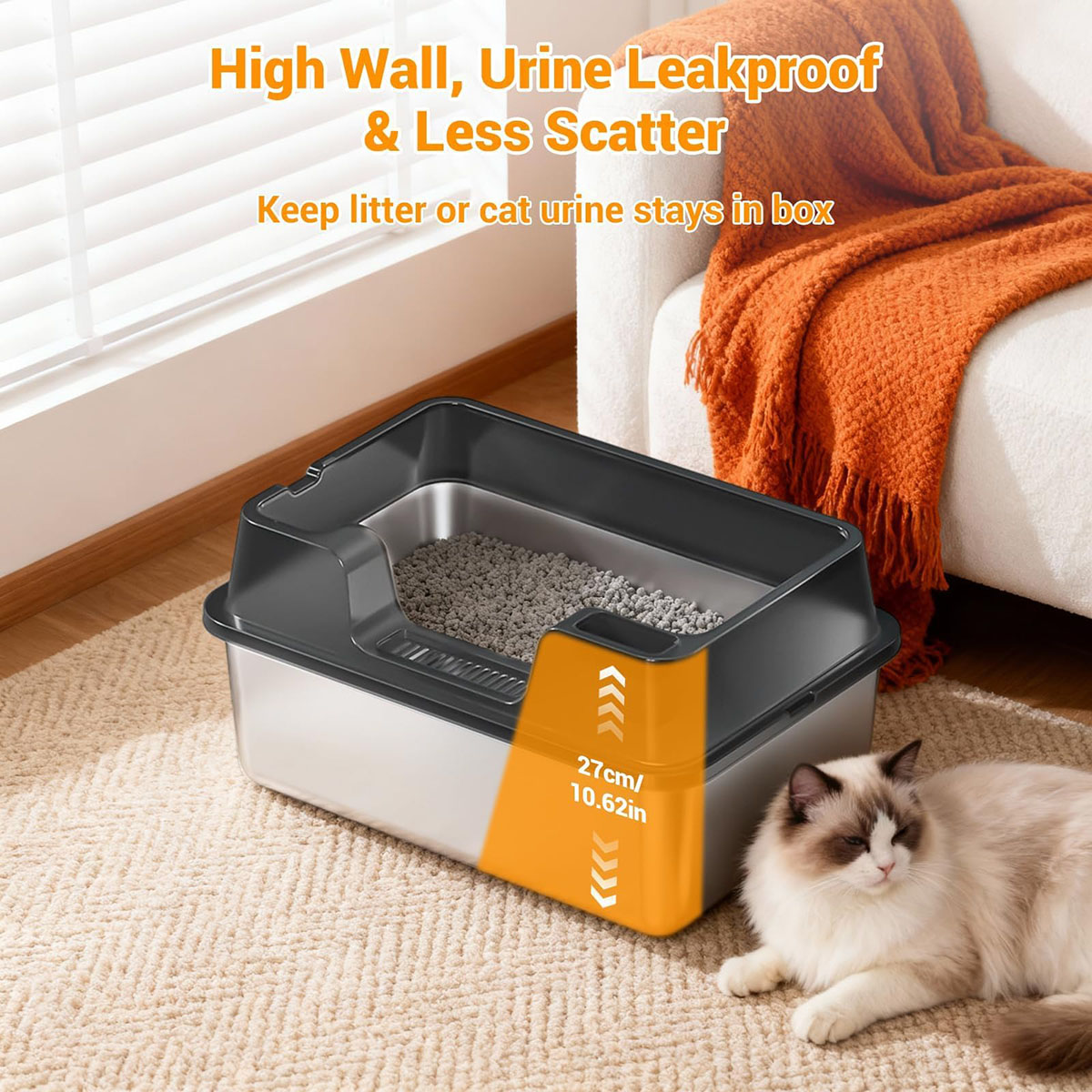 Ataucjin Extra Large Enclosed Stainless Steel Cat Litter Box, Metal Litter Pan for Big Cats, High Wall Sides & Non-Stick Bottom, Anti-Leakage & Odor-Resistant, Easy to Clean for All Cats