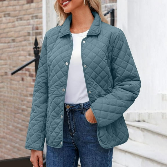 Women's Fashion Solid Color Long-sleeved Cotton Jacket with Buttons and Pockets, Casual Lightweight Cotton Coat Blue L
