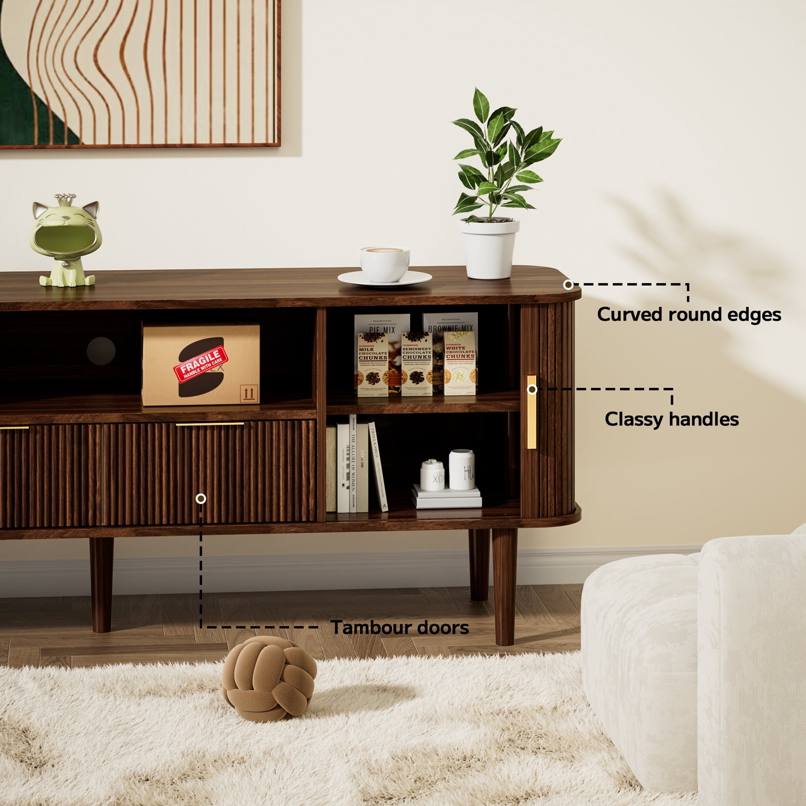 TV Stand 62.4 Inch Mid Century Modern Media Console Table with Drawer Shelves Sliding Tambour Door Farmhouse Sideboard Buffet Cabinet Fits TVs up to 75 inch Fluted Wood Entertainment Center