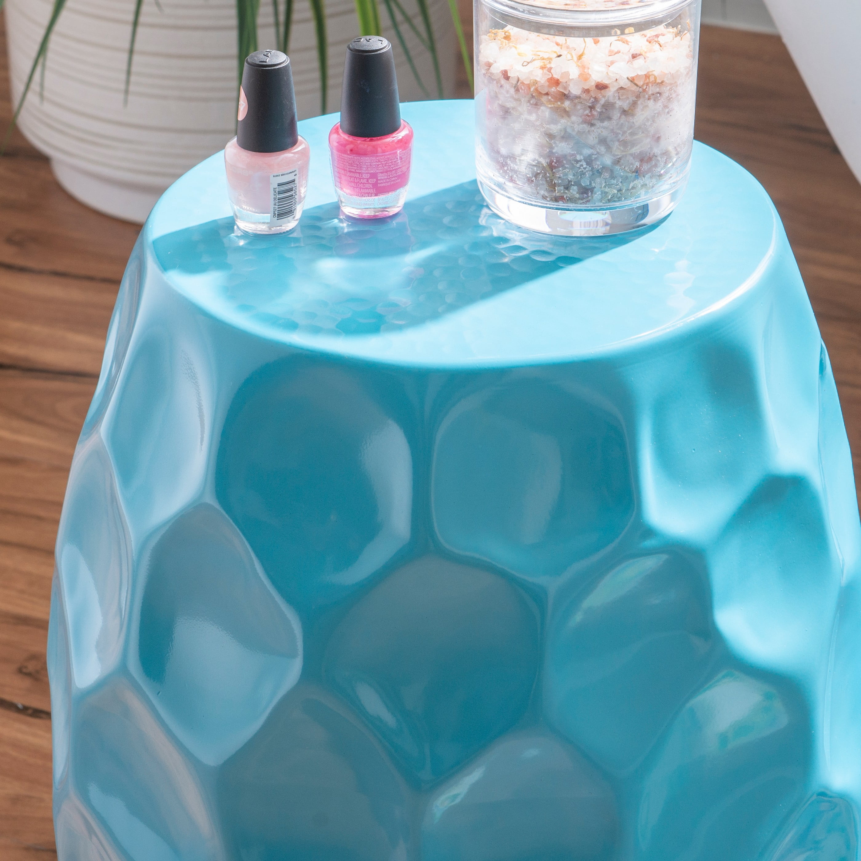 Powell Shawna Round Hammered Metal Indoor Accent Side Table, 19" Tall, Teal