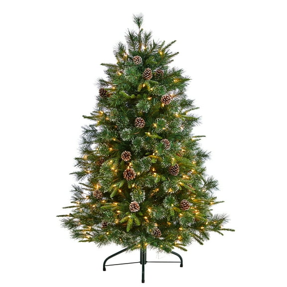 Nearly Natural Snowed Tipped Clermont Mixed Pine Artificial Christmas Tree with Clear Lights, Pine Cones and Bendable Branches-Size:60 Inch