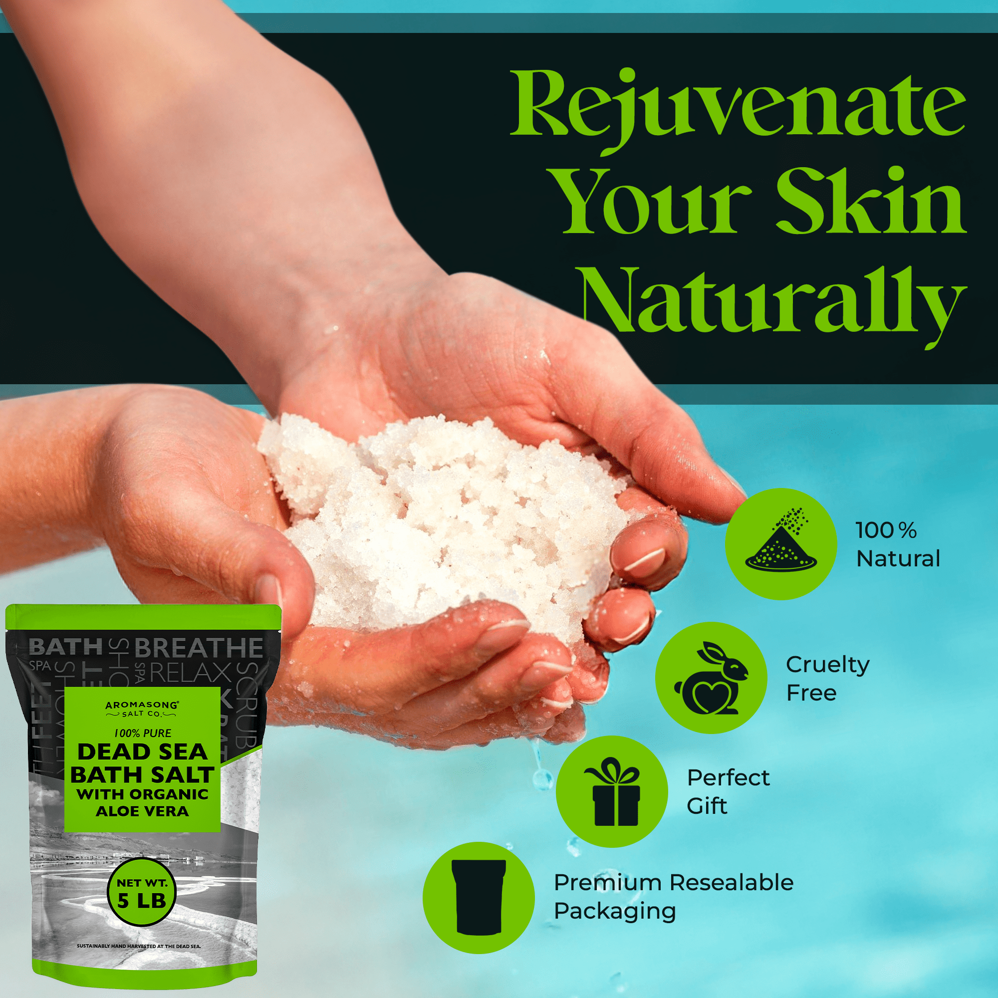Aromasong Dead Sea Salt with Aloe Vera, 5 lb Fine Grain Bath Salt, 100% Natural, Resealable Pack for Soak & Scrub