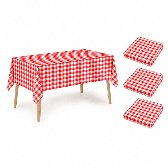 3 Pack Red and White Checkered Disposable Tablecloths, 54" x 108" PEVA Rectangular Table Covers for Picnic, Birthday, Wedding and Holiday Party Decor