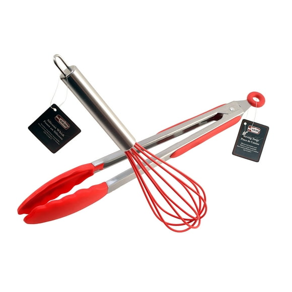 12"" Cooking Tongs Silicone Tips and Locking Head - Stainless Steel & Silicone Whisk for Blending Beating & Stirring - Dishwasher Safe - Heat Resistant up to 428F. By Ai-De-Chef (2-Pack Red)